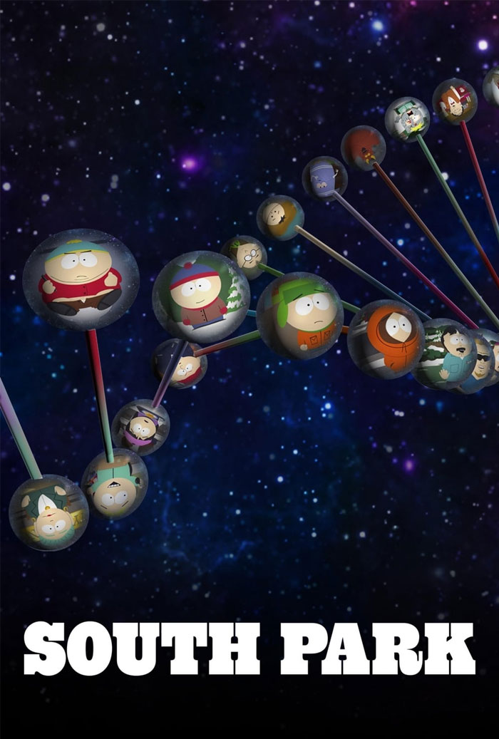 South Park characters in bubble style, cosmic background, iconic '90s cartoon.