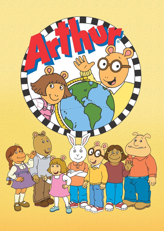 '90s cartoons characters from Arthur standing together, featuring diverse animal friends in colorful outfits.