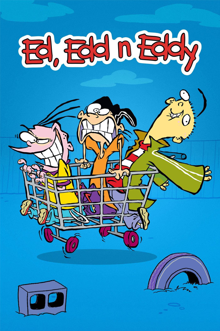 Three cartoon characters in a shopping cart from a popular '90s cartoon, set on a bright blue background.