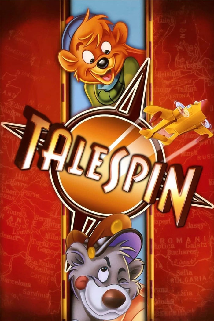 "Talespin cartoon poster with animal characters smiling against a map background."