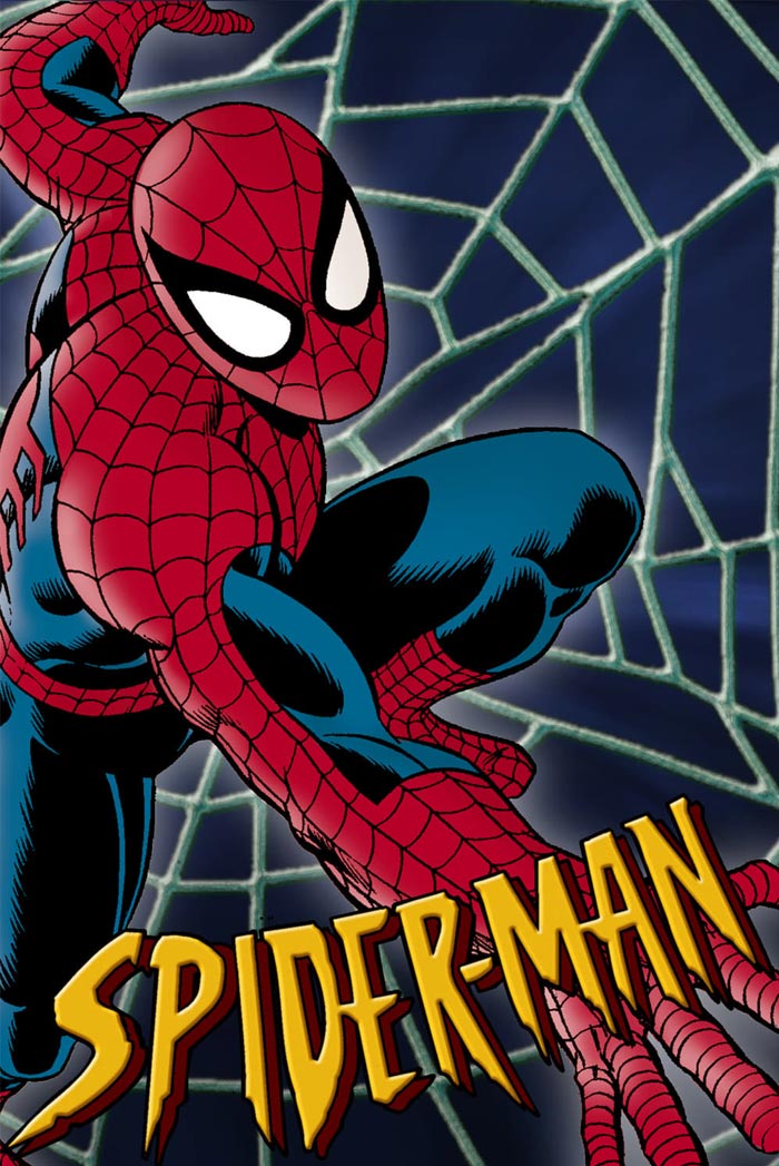 Spider-Man in pose against webbed background, representing iconic ’90s cartoons.