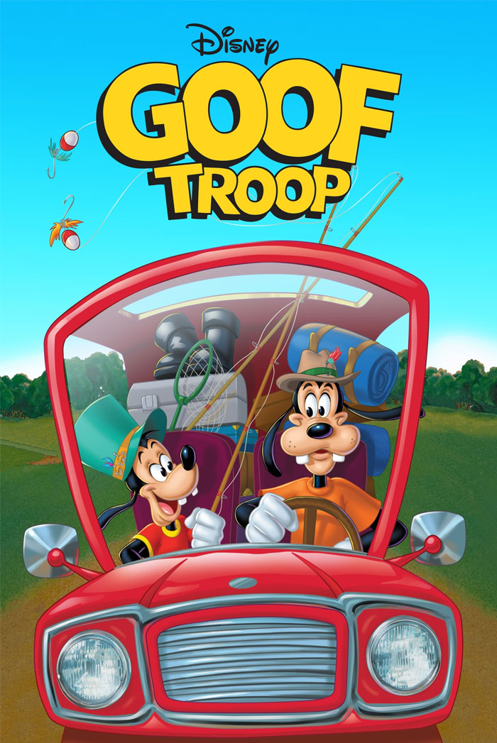 Cover art of the Disney 'Goof Troop' cartoon featuring Goofy driving a red car with Max in the passenger seat.