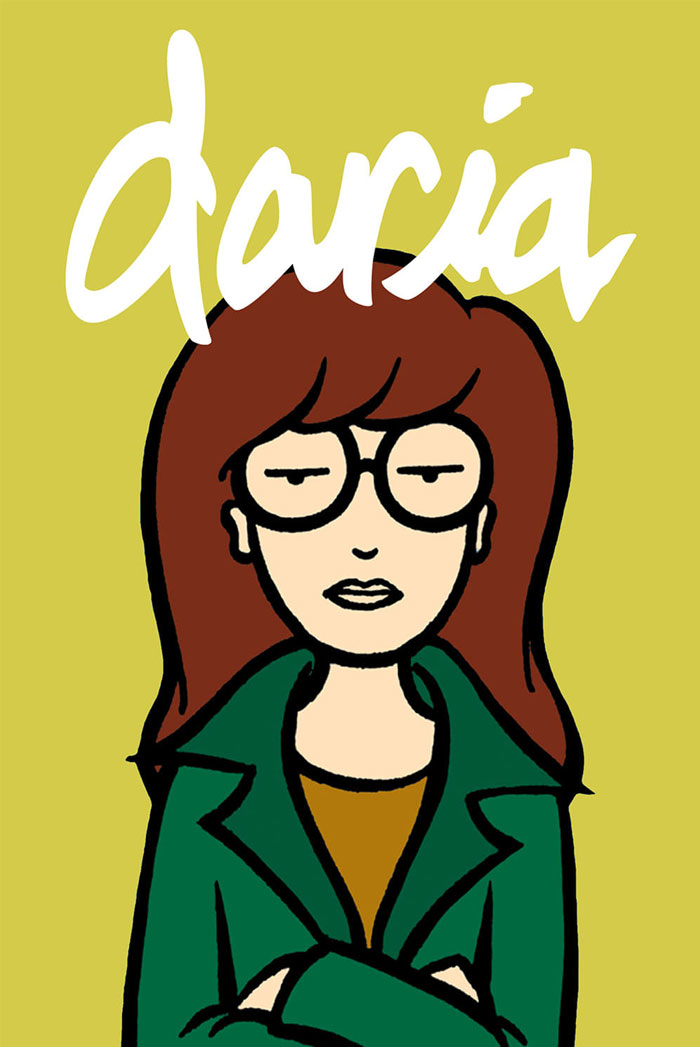 'Daria' character from '90s cartoon, with glasses and a green jacket, standing with crossed arms on a yellow background.