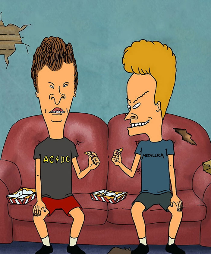 Two cartoon characters in band t-shirts sitting on a couch eating snacks, from a popular '90s cartoon.