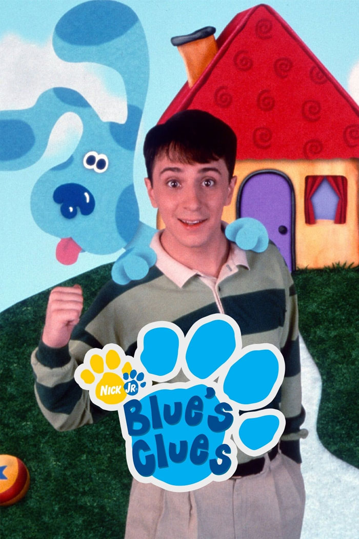 Host of Blue's Clues with animated blue dog, iconic 90s cartoon scene.