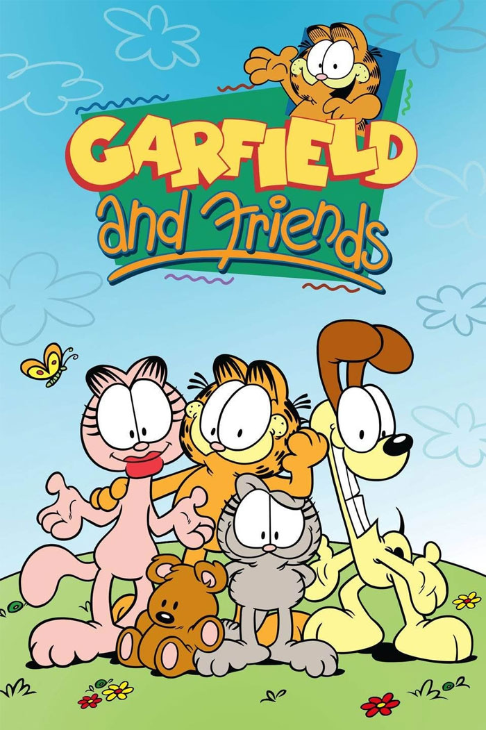 '90s cartoons: Garfield and Friends characters pose together in a cheerful outdoor scene.