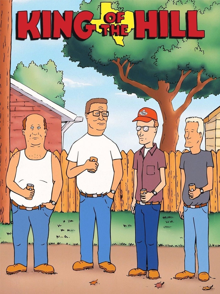 Four characters from the '90s cartoon "King of the Hill" standing in a yard, each holding a drink.