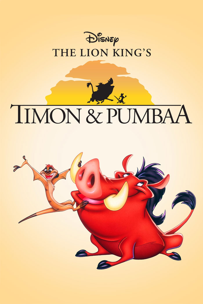 Timon and Pumbaa, iconic characters from a ‘90s cartoon, standing playfully against a sunset backdrop.