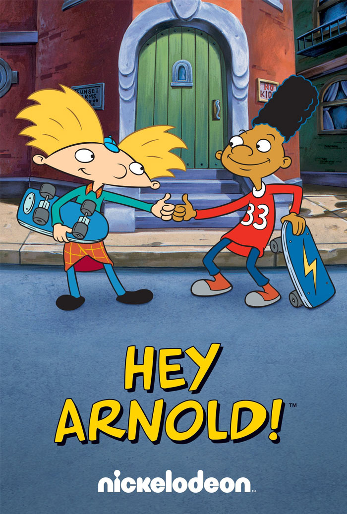 '90s cartoons characters Arnold and Gerald handshaking with skateboards, in front of a green door.