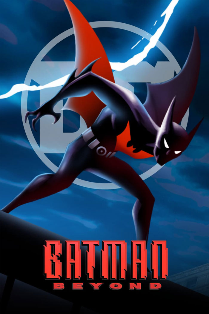 '90s cartoon with futuristic superhero silhouette against a stormy sky.