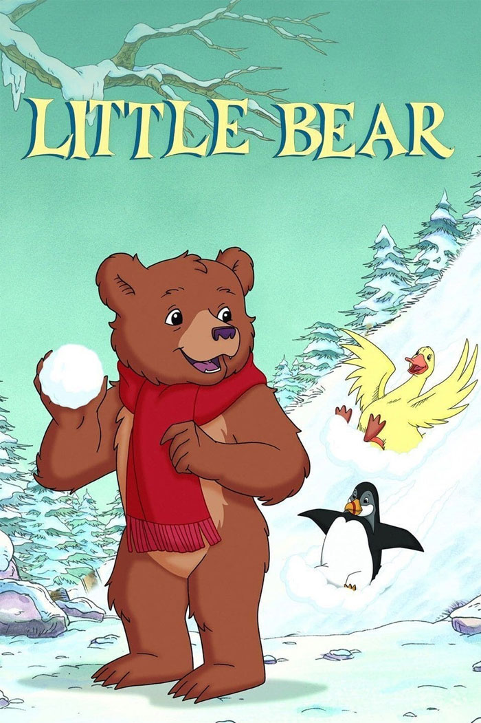 Little Bear cartoon character in a snowy forest with a red scarf, accompanied by a duck and a penguin.