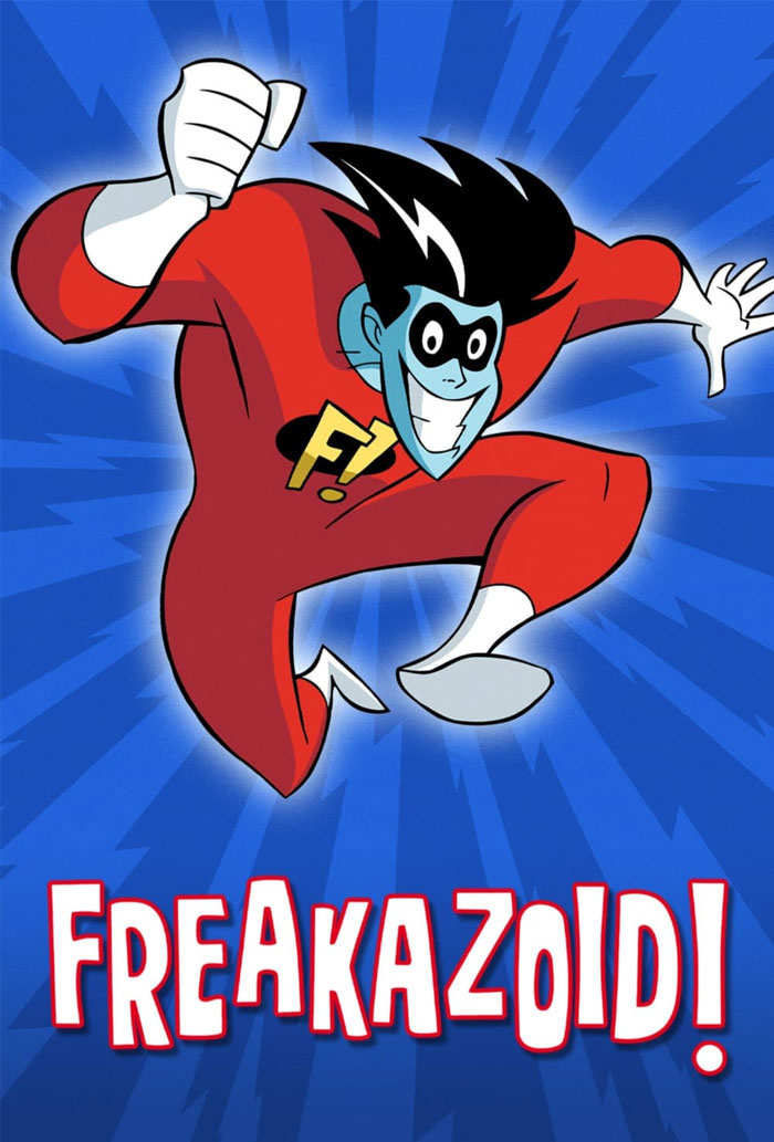 Freakazoid in bright red costume, leaping action pose, iconic '90s cartoon hero on blue background.