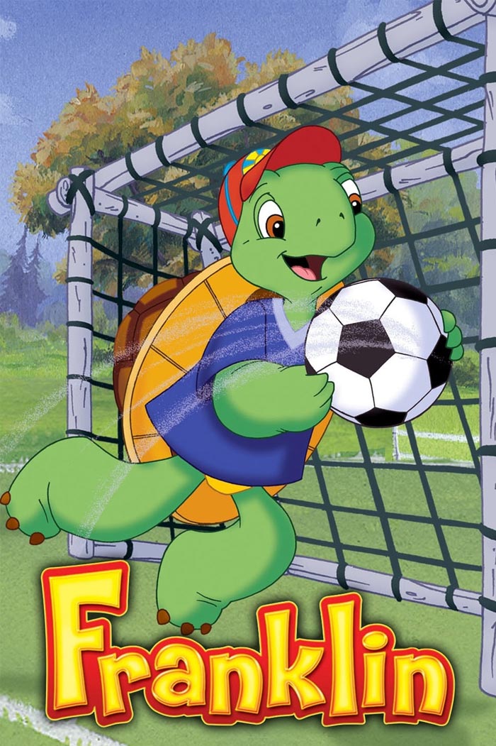 Cartoon turtle playing soccer in a goal net, wearing a red cap and blue jersey.