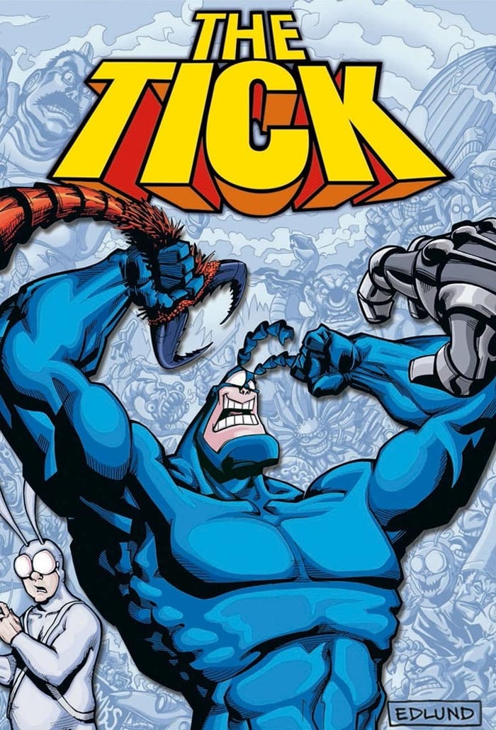 The Tick, iconic '90s cartoon character, flexing muscles with comic elements in the background.