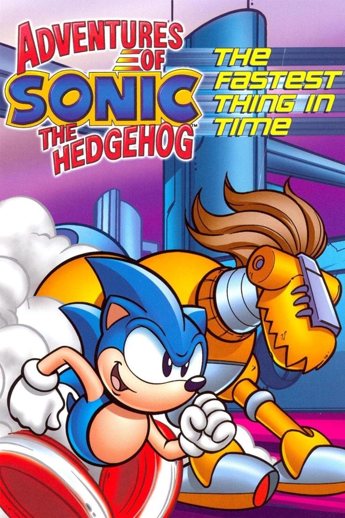 Sonic the Hedgehog running with a robot in the background, promoting ’90s cartoons.