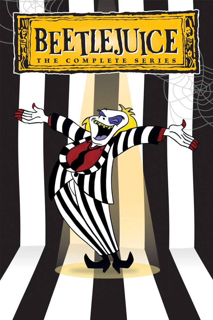 Beetlejuice character from the '90s cartoon series in a black and white striped suit with arms outstretched.