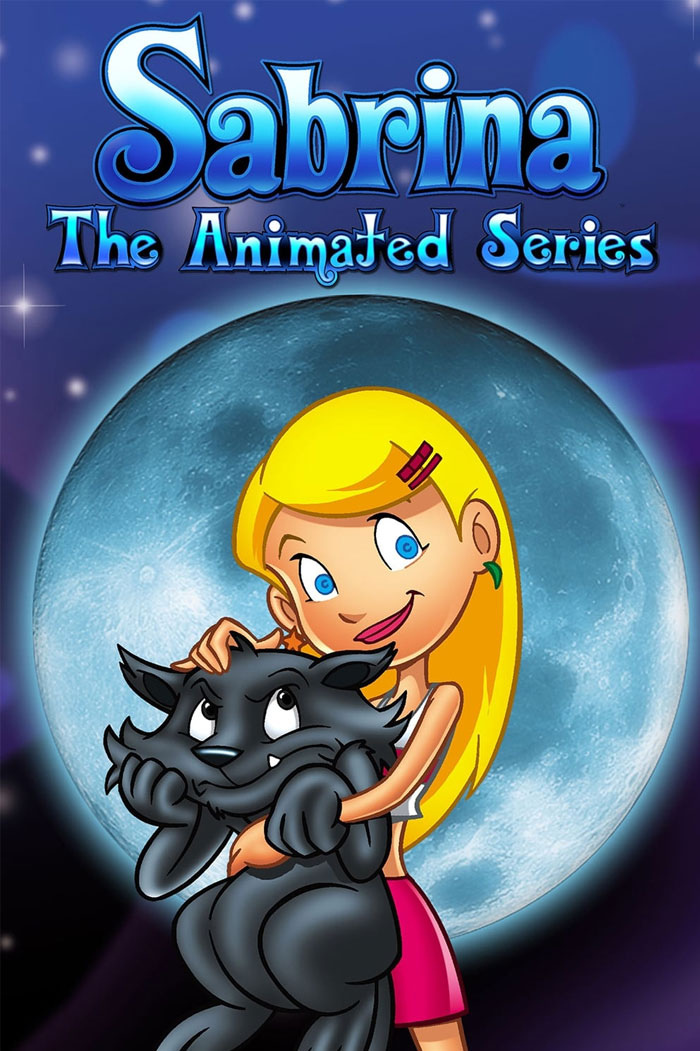 '90s cartoon Sabrina holding a black cat with a moonlit background.