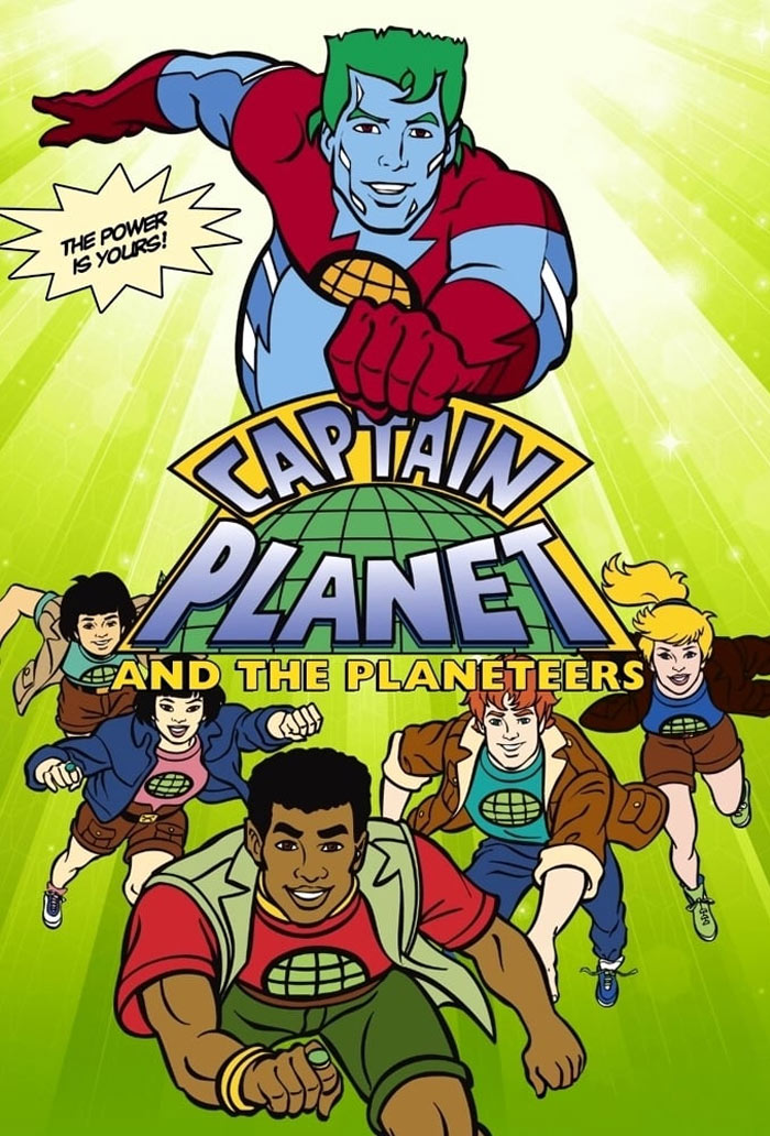 '90s cartoons: Captain Planet and the Planeteers, with flying superhero and diverse group of teens.