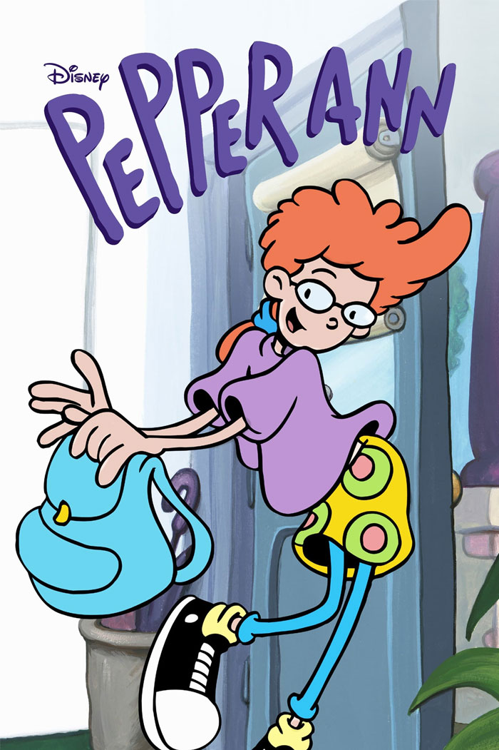 Animated character Pepper Ann with red hair, wearing glasses and a colorful outfit, from a '90s cartoon.