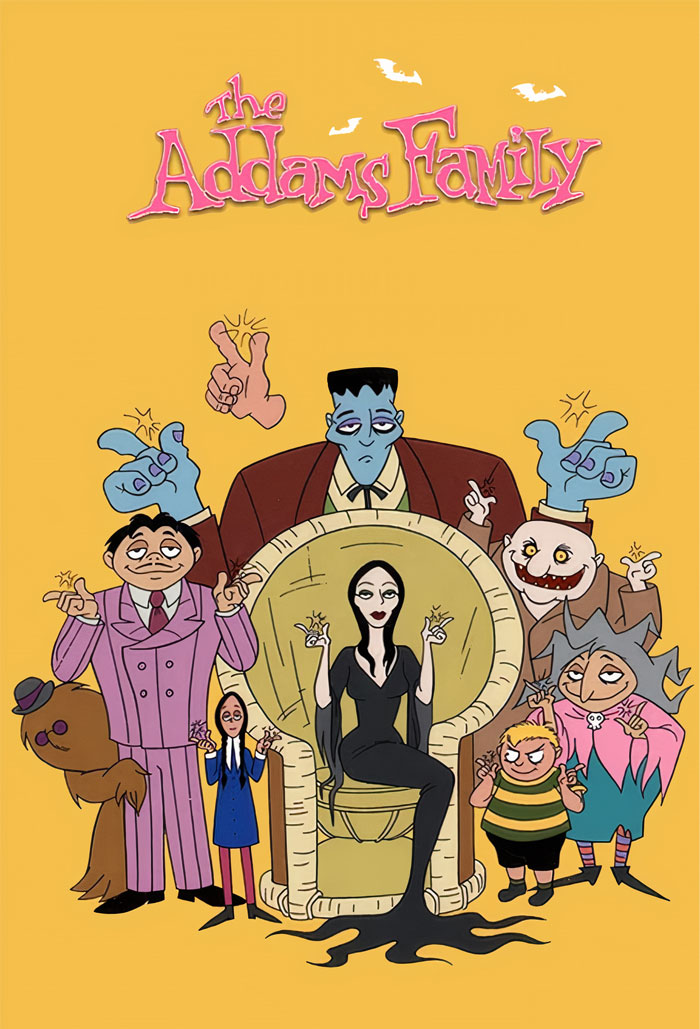 '90s cartoon characters from The Addams Family, featuring distinctive, quirky family members in vibrant colors.