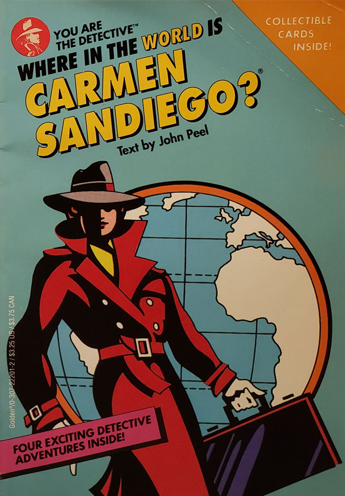 Carmen Sandiego cover with detective theme, showcasing iconic ‘90s cartoon character in front of a globe.