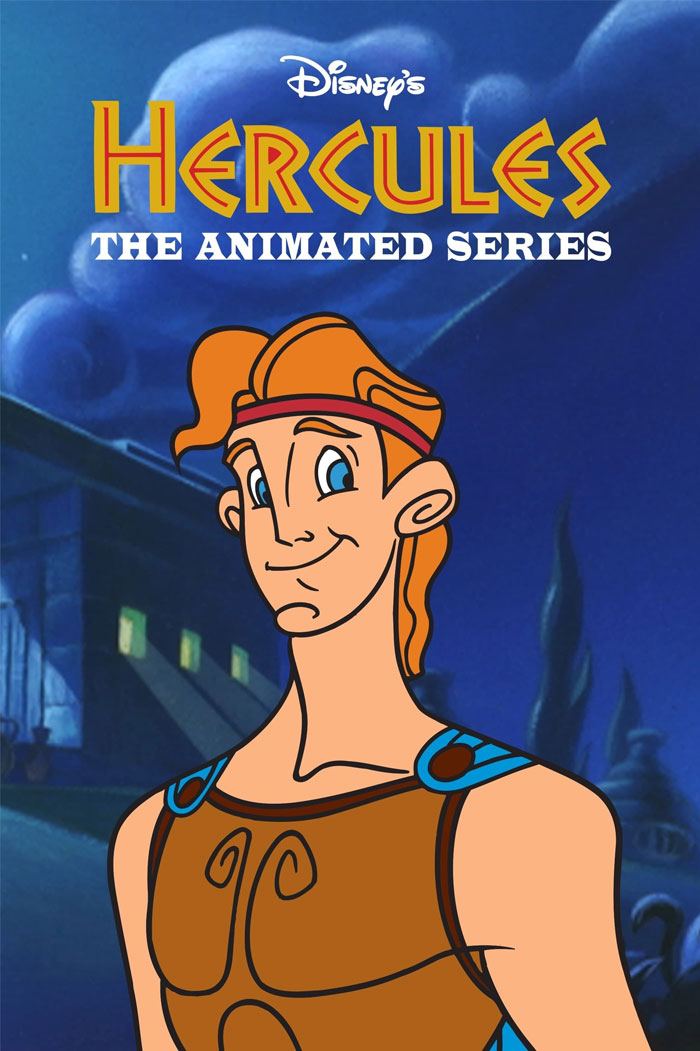 Disney's Hercules, the animated series character, in a 90s cartoon style with a night sky background.
