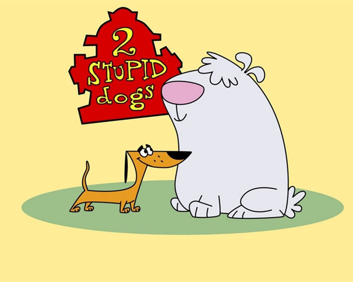 Two cartoon dogs from the '90s show "2 Stupid Dogs" sitting with a red sign in the background.