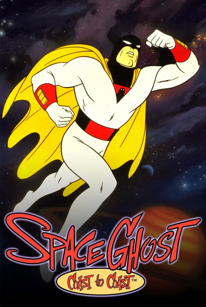 Space Ghost in space, wearing a white suit with a yellow cape, representing classic '90s cartoons.