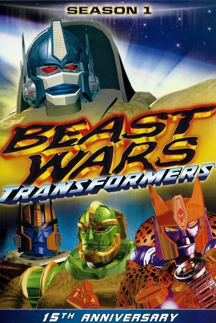 Beast Wars Transformers poster featuring robotic characters, celebrating its 15th anniversary, iconic '90s cartoon.