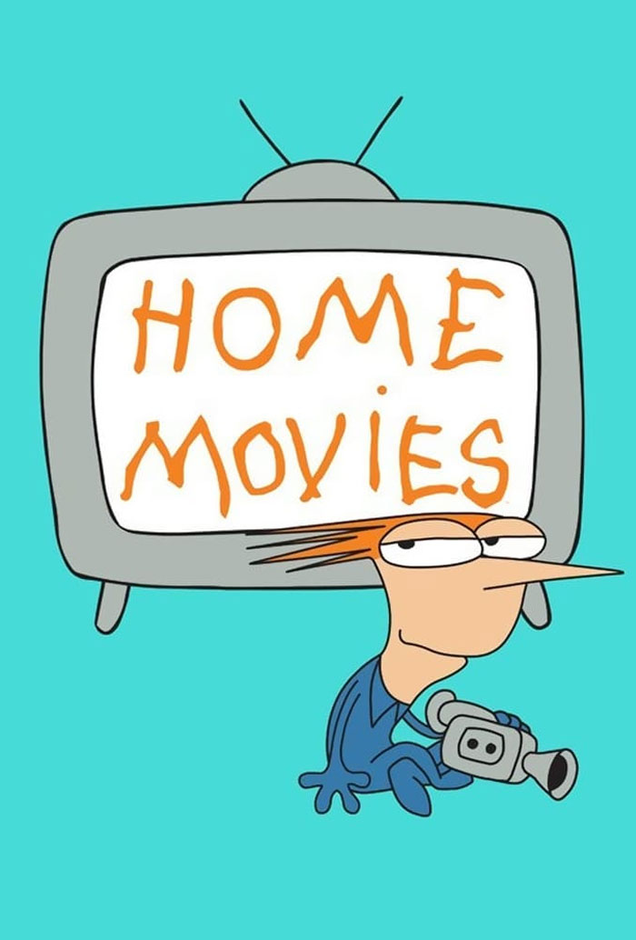 Cartoon character holding a camera in front of an old TV with "Home Movies" text, referencing '90s cartoons.