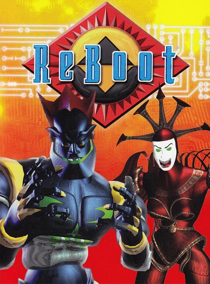 Cover art for the '90s cartoon "ReBoot" featuring two animated characters against a vibrant background.