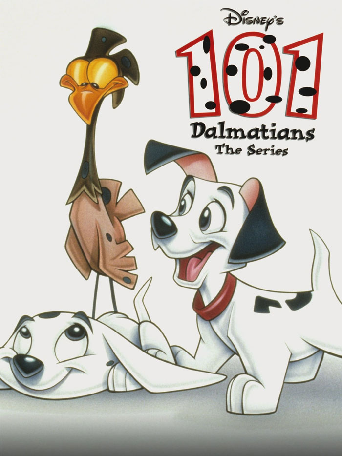 ‘90s cartoon characters from 101 Dalmatians series with two playful puppies and a chicken.