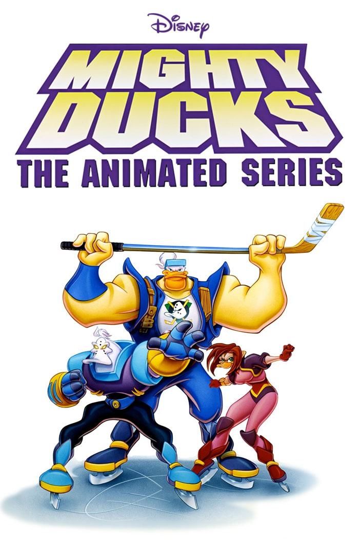 Mighty Ducks animated characters in hockey gear on ice, representing '90s cartoons.