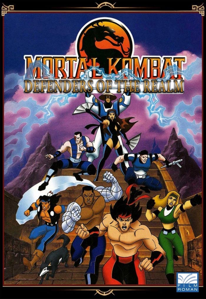 Mortal Kombat Defenders of the Realm characters in dynamic action poses, iconic '90s cartoons style.