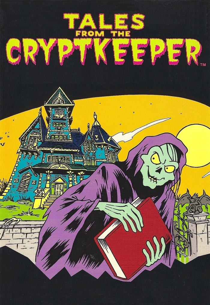 Cover art for 'Tales from the Cryptkeeper,' featuring a spooky figure holding a book in front of a haunted house, from '90s cartoons.