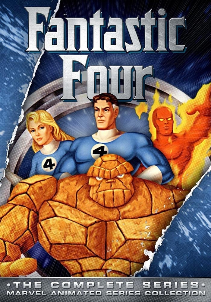 Cover of the Fantastic Four animated series, featuring main characters in superhero costumes from the iconic '90s cartoons.