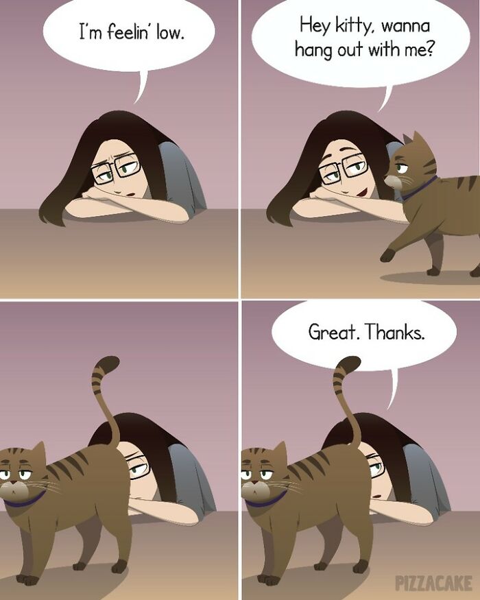 Comic showing family life with a feisty cat ignoring owner’s mood and walking away after invitation to hang out.