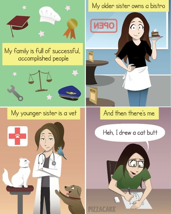 Cartoon depicting family life with a feisty cat through comics featuring sisters and creative artist moments.