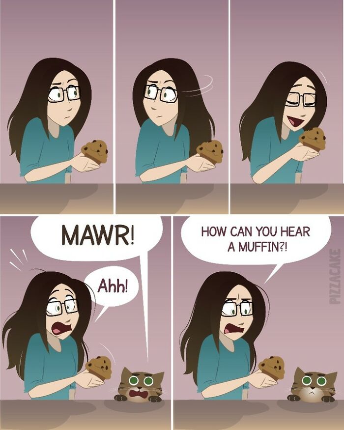 Comic panels showing family life with a feisty cat reacting loudly to a muffin the woman is holding.