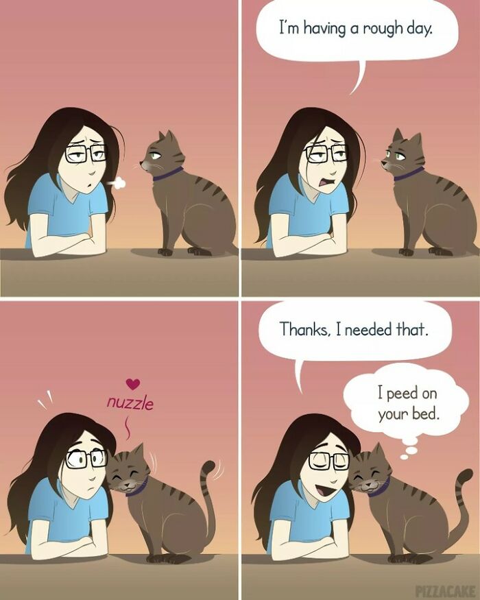 Comic showing family life with a feisty cat, featuring a comforting cat nuzzling its owner with a mischievous twist.