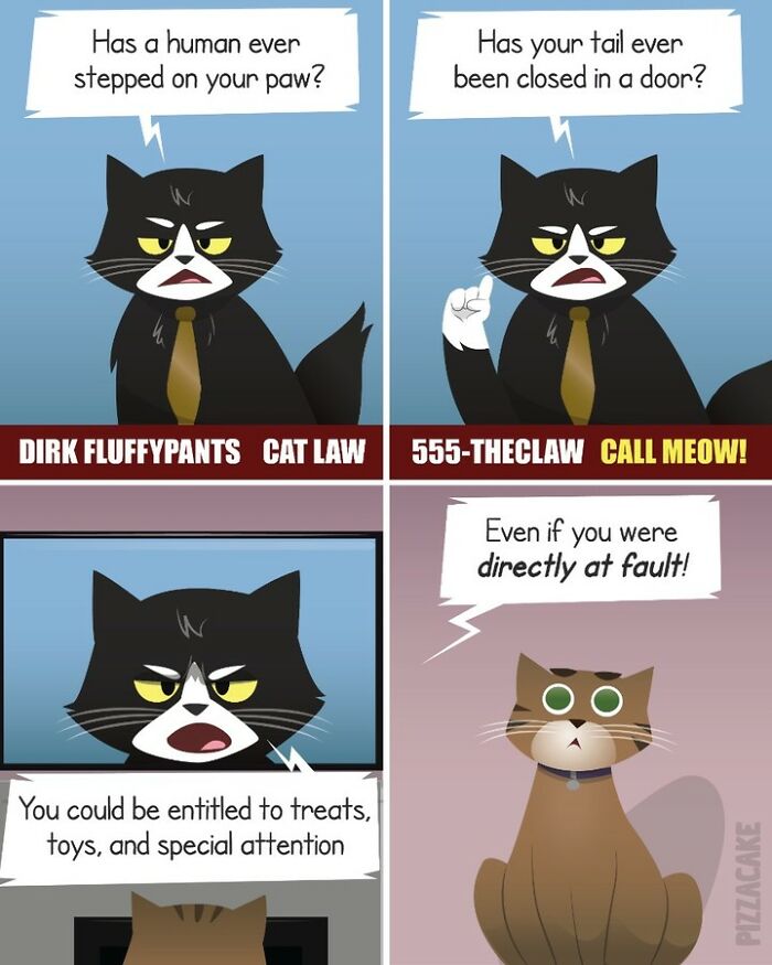Comic panels featuring a feisty cat in a tie discussing paw and tail injuries, showing family life with a cat.