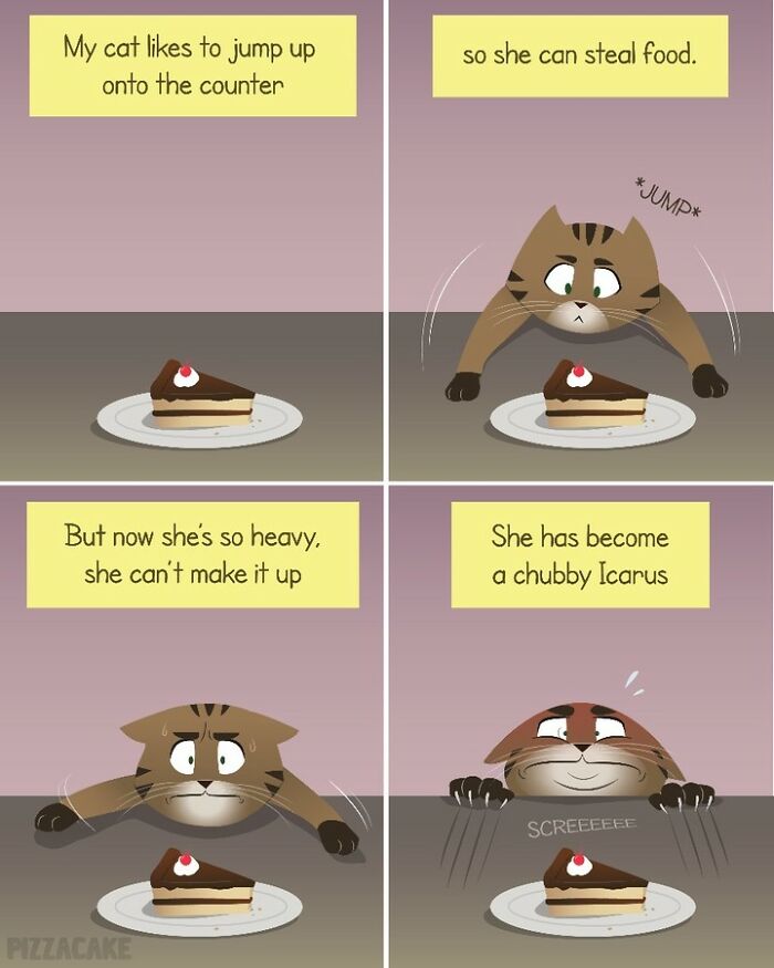 Comic panels showing a feisty cat struggling to jump onto the counter to steal food in family life with a cat.