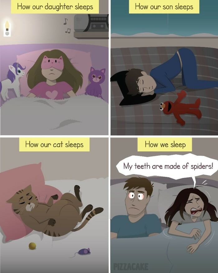 Comic panels showing family life with a feisty cat, depicting different sleeping styles of daughter, son, cat, and parents.