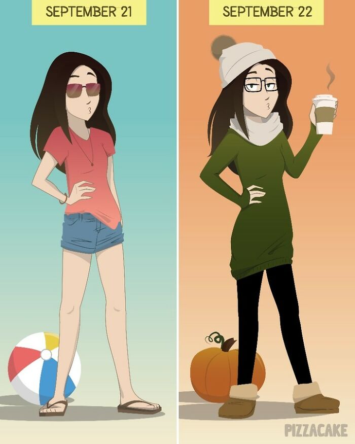 Illustration showing seasonal change with a cartoon woman, highlighting family life with a feisty cat in comic style.