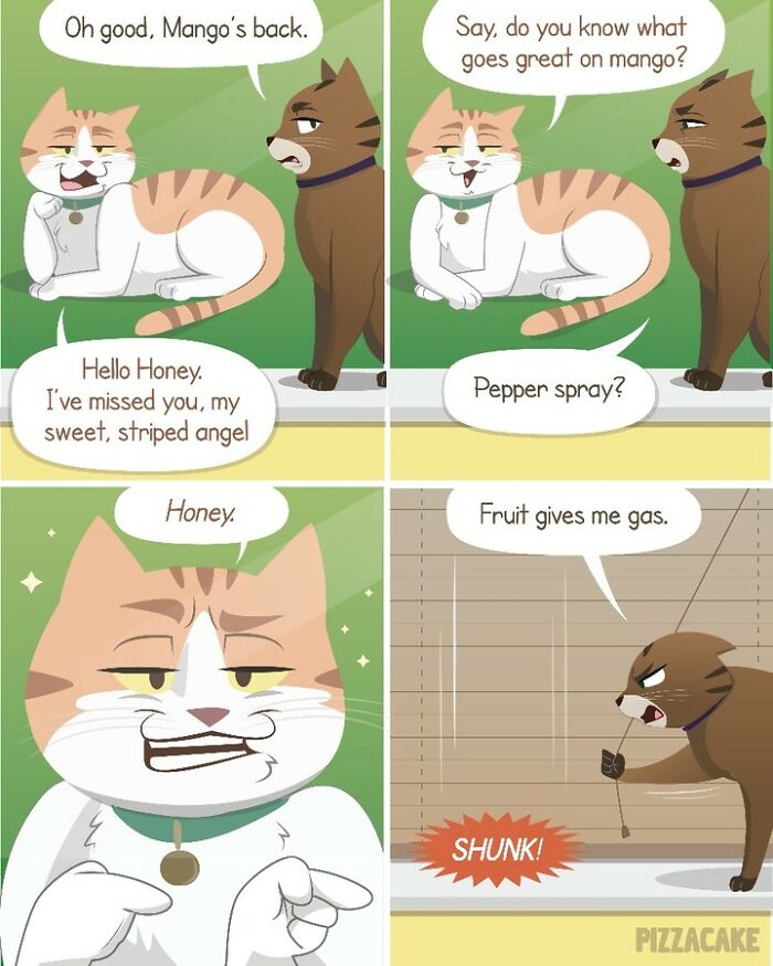 Comic panels showing family life with a feisty cat featuring playful and sarcastic cat interactions at home.