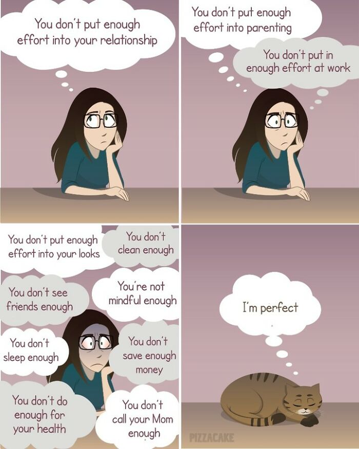 Comic panels showing a woman overwhelmed by self-criticism contrasted with a calm cat feeling perfect in family life.