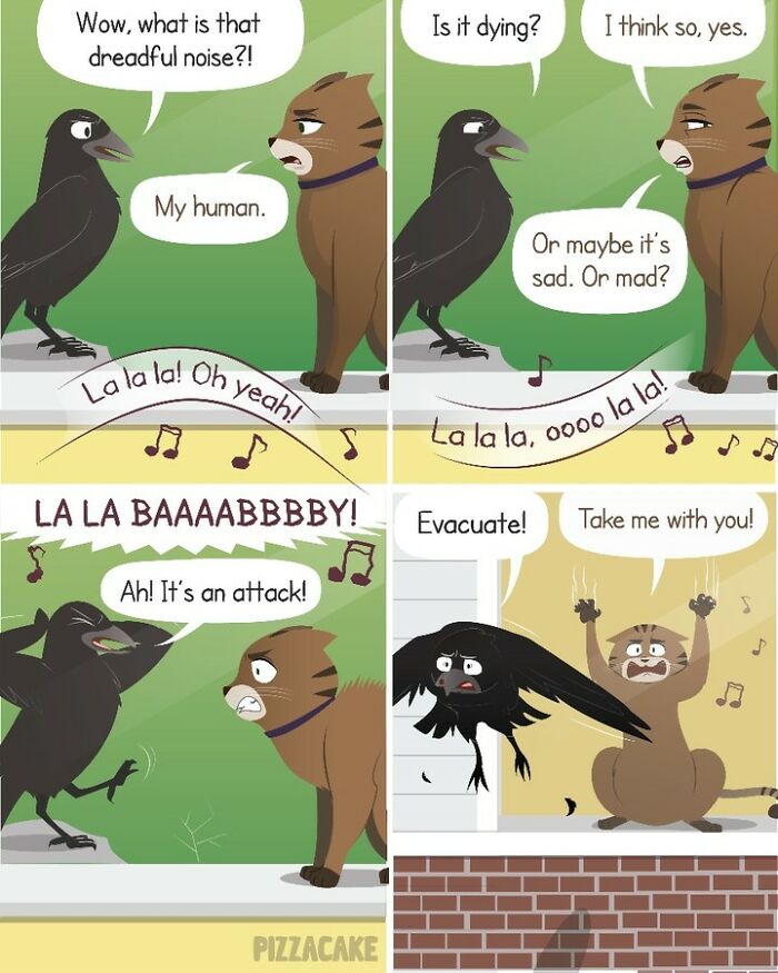 Comic panels showing a feisty cat and a crow reacting humorously to loud music, depicting family life with a feisty cat.
