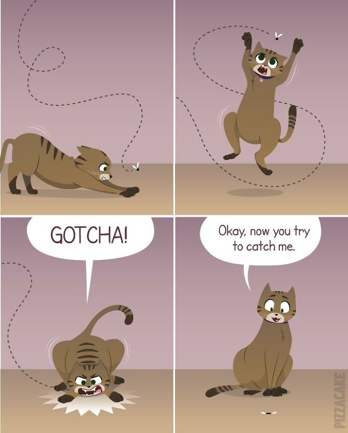 Comic panels showing a feisty cat playfully chasing and catching a butterfly, capturing family life with a feisty cat.