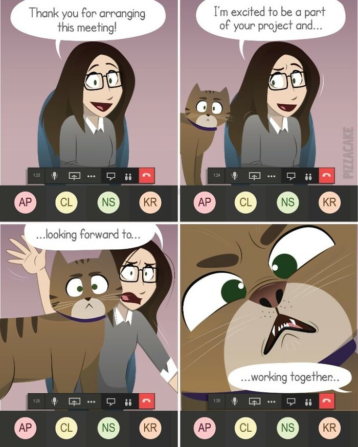 Woman in video call with her feisty cat interrupting, showing family life with a playful and expressive cat at home.