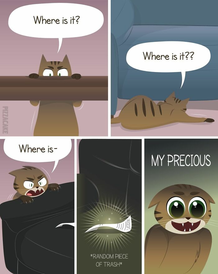 Comic panels showing a feisty cat searching for and adoring a random piece of trash in family life with a feisty cat.